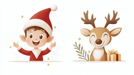 Naklejka premium Cheerful elf and happy reindeer celebrate holiday season with joy and gifts in festive illustration