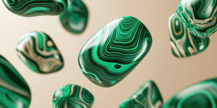 Floating malachite stones with swirling green patterns on a beige background