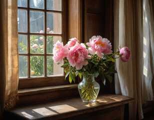 Oil Painting of Pink Peonies on Windowsill