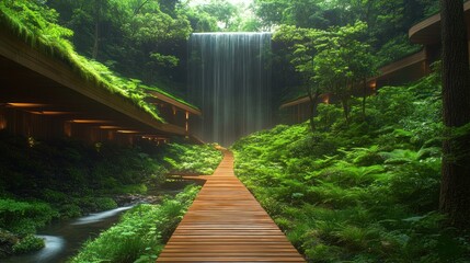 Waterfall resort walkway, lush greenery, Japan, tranquil escape