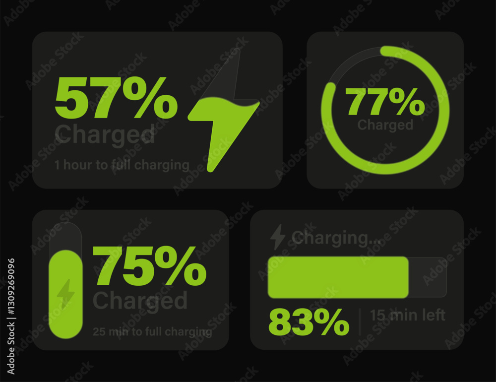 Poster modern battery charging indicators bars in a futuristic dark ui. green charging signs with percentag