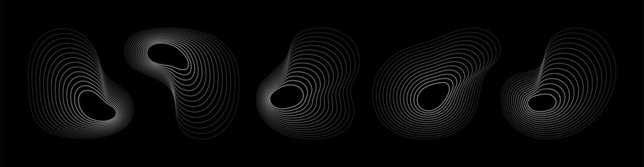 Abstract fluid waveforms with contour lines creating organic shapes. Collection of different shape circular wave. Minimal and futuristic design. Vector illustration