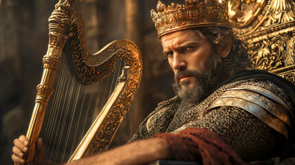 David, crowned as king of Israel, sitting on a throne with a harp by his side, wearing a golden crown. 