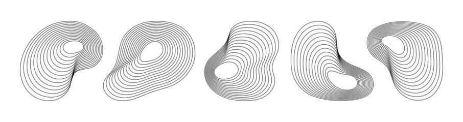 Abstract fluid waveforms with contour lines creating organic shapes. Collection of different shape circular wave. Minimal and futuristic design. Vector illustration