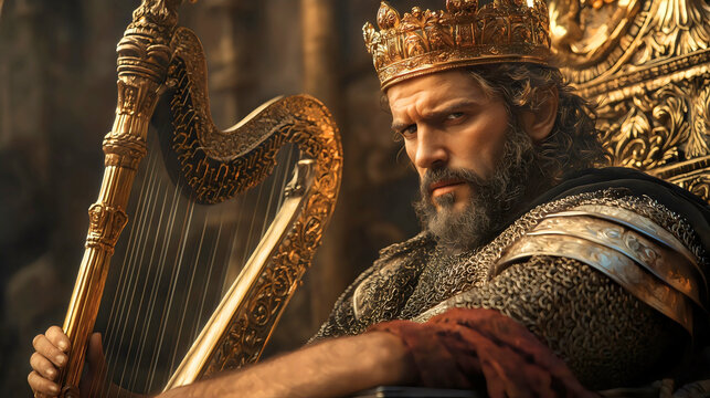 David, crowned as king of Israel, sitting on a throne with a harp by his side, wearing a golden crown. 