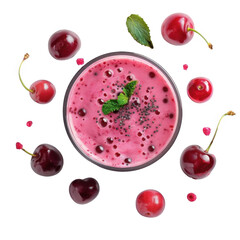 Fresh cherry smoothie in a glass surrounded by whole cherries and mint leaves on a transparent background for healthy living enthusiasts