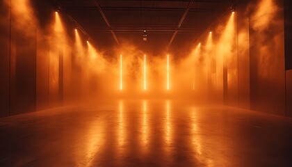 Orange-lit smoky empty warehouse interior.