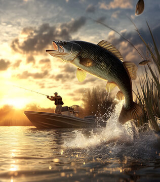 Pike fishing. Fisherman catch big muskie fish with splash in water
