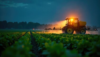 Fototapeta premium Sprayer nozzle releasing pesticide droplets onto soy bean plants at night, field, sprayer, landscape