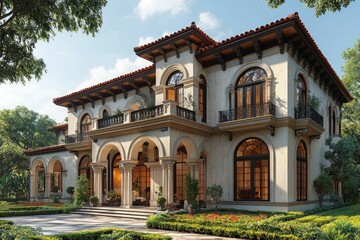 Fototapeta premium Mediterranean-style mansion, lush landscaping, sunny day.