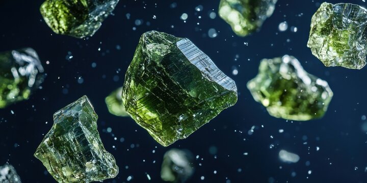 Floating moldavite gemstones with a greenish tint on a dark navy blue background