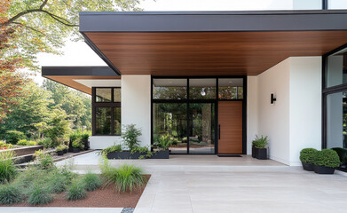 A contemporary house entrance with a sleek overhang, large glass windows, and a minimalist landscape design surrounded by greenery.