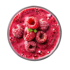 Refreshing raspberry smoothie topped with fresh raspberries and mint leaves in a transparent glass on a clean white background