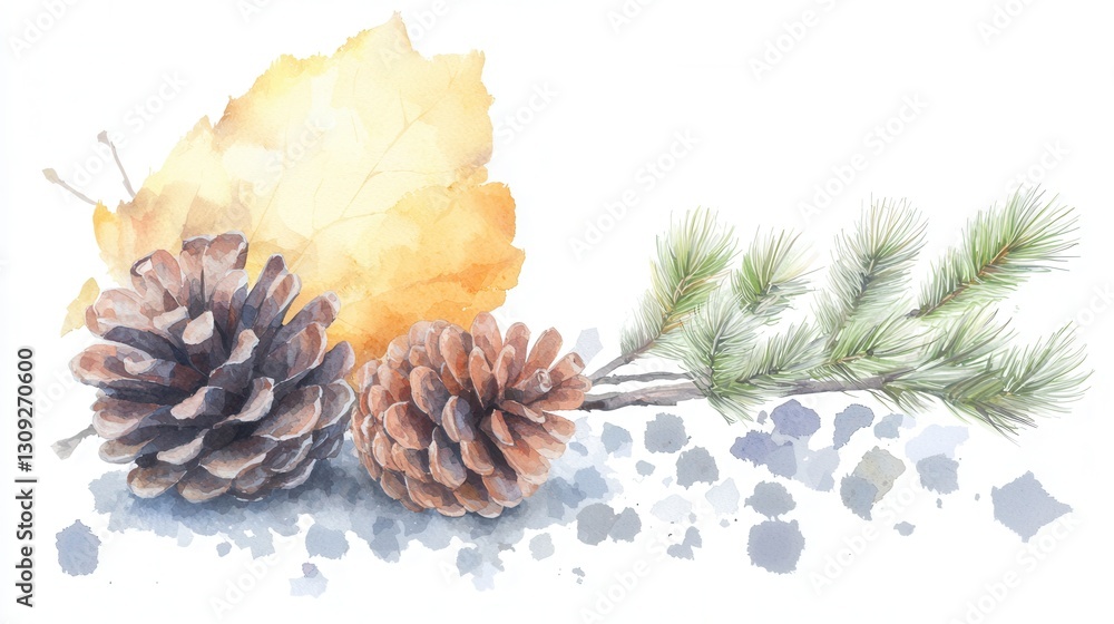 Poster watercolor composition of a pinecone art with natural botanical details rendering of a pinecone in a