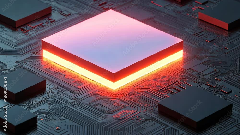 Poster innovative microchip design illuminated with vibrant colors showcasing advanced technology and intri
