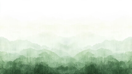 Serene watercolor landscape showcasing misty green mountains under a soft white sky