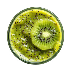 Fresh kiwi smoothie with chia seeds in a transparent glass jar viewed from above showcasing vibrant green hues and a refreshing appearance