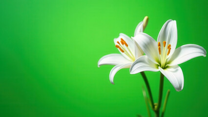 White lilies on a green background. Postcard for the spring holiday. Free space for text.