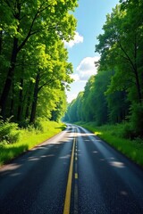 Fototapeta premium Sun-dappled asphalt road cuts through lush green forest, scenic clouds , nature, serene