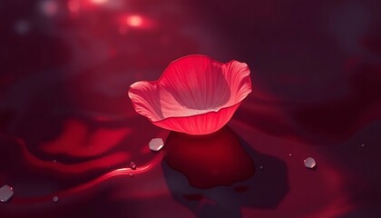 A single illuminated pink petal floats on a reflective surface