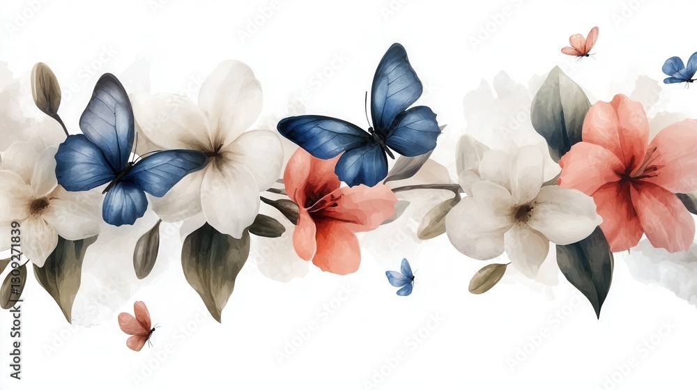 Poster a delicate and harmonious floral pattern featuring vibrant blooms butterflies and a serene color pal