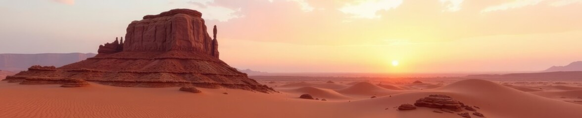 Desert landscape at dawn with lone rock formation on white background, dawn, sandy, rock