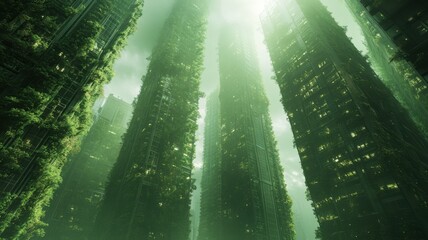 Fototapeta premium Futuristic urban landscape with greenery-covered skyscrapers under bright sky. 3D urban landscape
