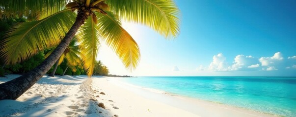 Obraz premium Sun-drenched palms arch over white sand beach, sunlight, tropics