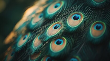 Obraz premium Vibrant blue-green peacock tail feathers unfurl with depth and dynamic movement against a rich, dark green backdrop, capturing nature's iridescence