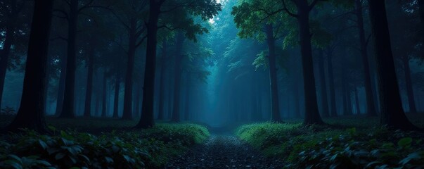 Fototapeta premium Forest at night with a dark background and white noise, dense foliage, nighttime