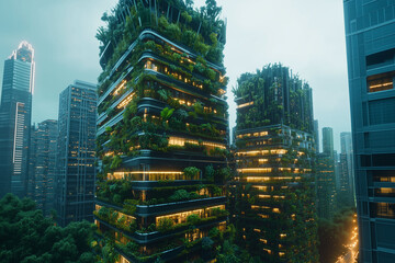 Obraz premium Futuristic cityscape at dusk featuring lush greenery and illuminated skyscrapers