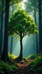 Fototapeta premium Forest backdrop for a solitary tree in nature, serene, solitude, tree