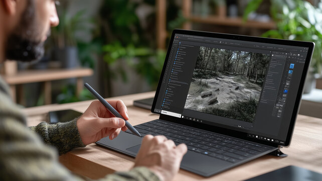 person using digital pen on laptop to edit photo of forest scene, showcasing creative workspace with greenery in background