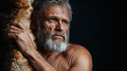 An elderly man draped in a fur wrap gazes pensively into the distance, illustrating themes of nostalgia, survival, and the weight of time on human experience.