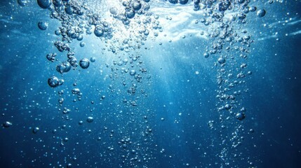Floating bubbles in a deep blue water environment, detailed close-up highlighting pure hydration and healthy drinking water concepts
