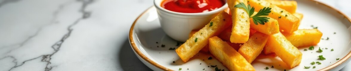 Fries and tomato sauce paired on a marble plate with a sprinkle of parsley, marble, sophisticated, dip
