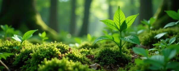 Fototapeta premium Green false hellebore growing in a shaded area with ferns and moss, nature, mossy terrain