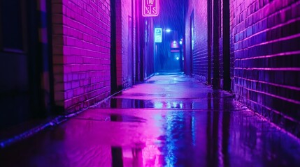 Fototapeta premium Neon-lit alleyway at night with reflections on wet pavement and colorful light in the background