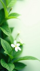 Green leafy foliage surrounding a single small flower, small bloom, simple elegance, monochromatic