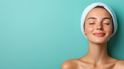 A relaxed woman with a soft headwrap and a serene smile exudes tranquility and confidence against a refreshing turquoise background, embodying beauty and calmness.