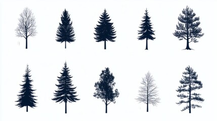 Fototapeta premium Collection of different tree silhouettes showcasing various species in a minimalist design on a light background