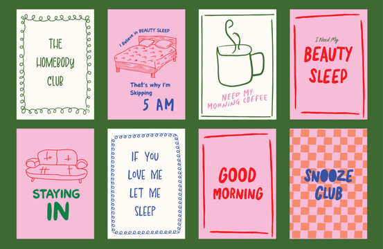 The Homebody Club Poster collection of minimalist illustrations featuring sleep, coffee, and self-care themes. Hand-drawn doodles, pastel tones, and witty typography Art print for home decor.