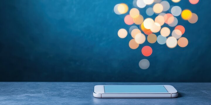 Startup culture growth hacking concept. A smartphone rests on a surface, with colorful bokeh lights floating above, creating a vibrant and modern digital atmosphere.