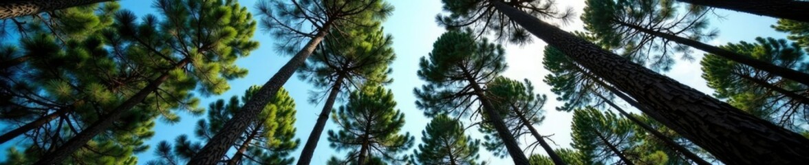 Obraz premium Pine trees stretch towards the sky with trunks and branches intertwined, yogyakarta, nature, trunks