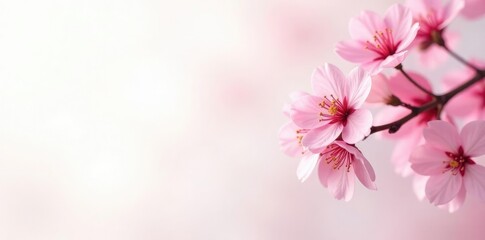 Obraz premium Pink cherry blossom branches against a soft white background, nature, blossoms, cherry blossom
