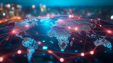 A global business map with digital lines representing connections, captured on slide film with a mirrorless camera in midday light for vibrant visuals.