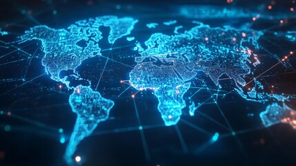 A modern digital world map showing interconnected business networks across continents, with a sleek, futuristic design, captured in striking visuals on slide film.