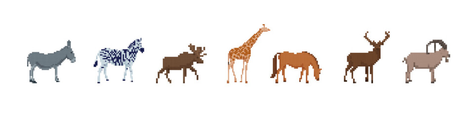 Pixel art animals featuring unique textures, styles, and shapes, highlighting wildlife variety.