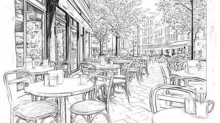 European cafe outdoor seating,  sketchy drawing,  city street.  Possible Use Stock photo