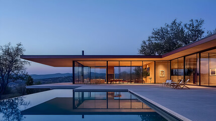 Fototapeta premium Modern Luxury Home Exterior View Featuring Pool Reflection and Architectural Design at Twilight